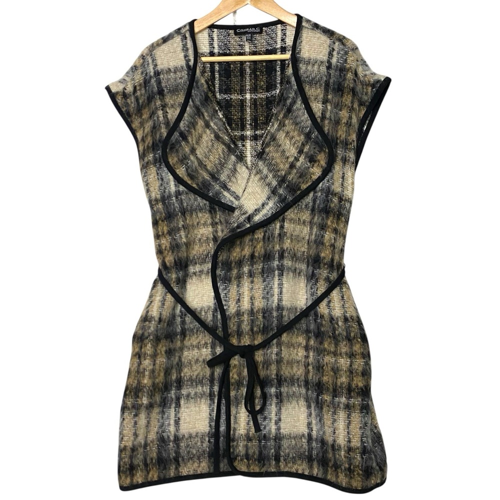 Conrad C Plaid Wrap Sleeveless Cardigan Womens M Tan Wool Alpaca Soft Cozy Fuzzy
